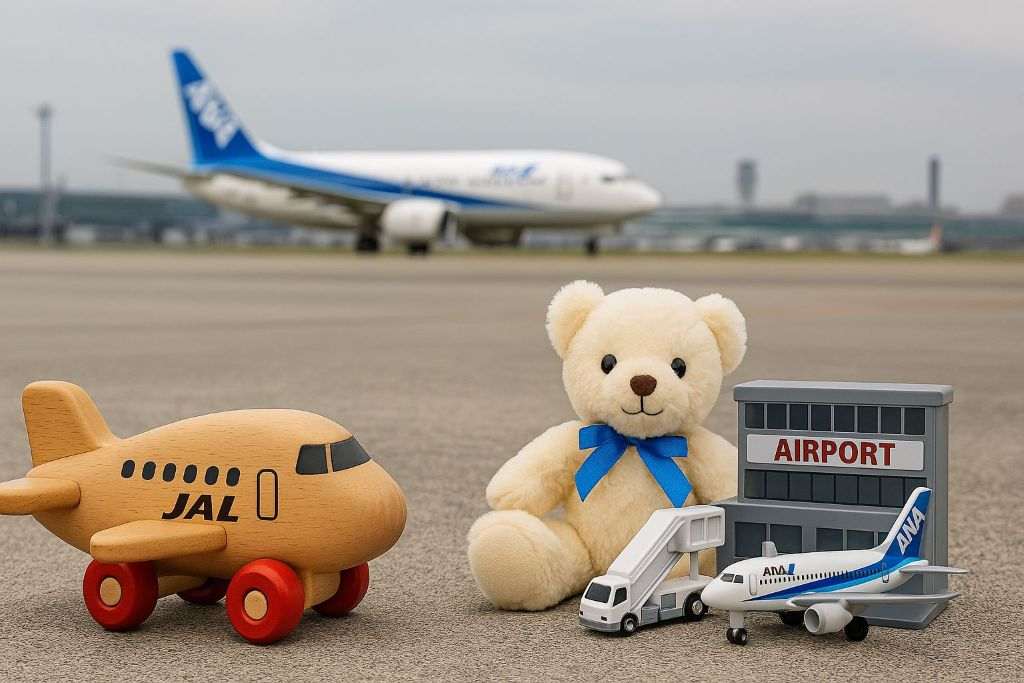 羽田空港の滑走路と飛行機のおもちゃ、ぬいぐるみの写真